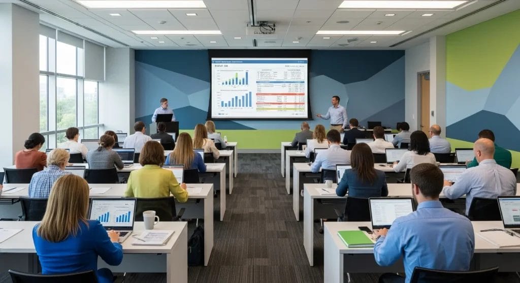 Cena de treinamento corporativo sobre reforma tributária com profissionais usando computadores e gráficos de impostos, destacando reforma tributária erps aceleram