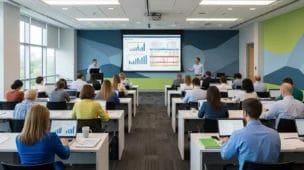 Cena de treinamento corporativo sobre reforma tributária com profissionais usando computadores e gráficos de impostos, destacando reforma tributária erps aceleram