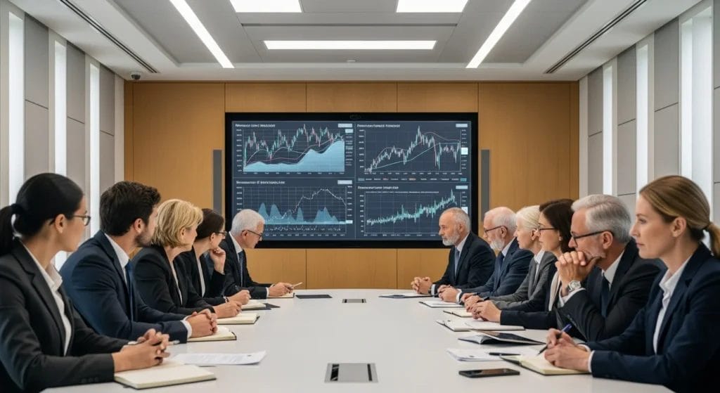 Imagem do Banco Central alertando taxa, sala de reuniões com economistas discutindo gráficos de juros