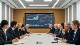 Imagem do Banco Central alertando taxa, sala de reuniões com economistas discutindo gráficos de juros