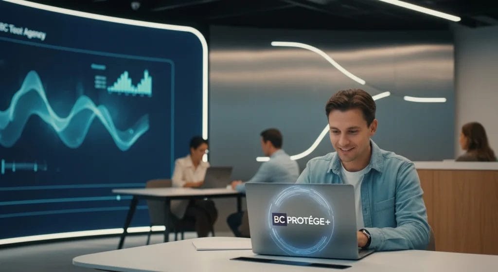 Pessoa usando smartphone na agência bancária moderna ativando o BC Protege+ com alívio