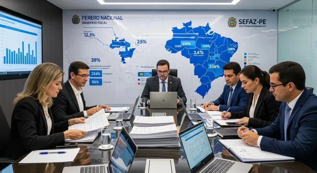 Reunião moderna com representantes da Sefaz-PE discutindo documentos fiscais, gráficos e mapas do Brasil, transmitindo clareza sobre o IBS