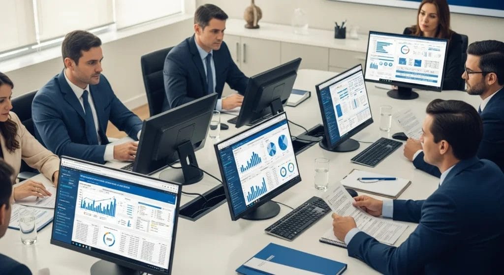 CBS e IBS 2026: Guia Completo das Novas Obrigações e Testes Fiscais Revelado pela Receita Federal 1 Reunião na Receita Federal com funcionários analisando telas e gráficos, destacando a palavra-chave cbs ibs 2026 guia