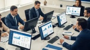 Reunião na Receita Federal com funcionários analisando telas e gráficos, destacando a palavra-chave cbs ibs 2026 guia