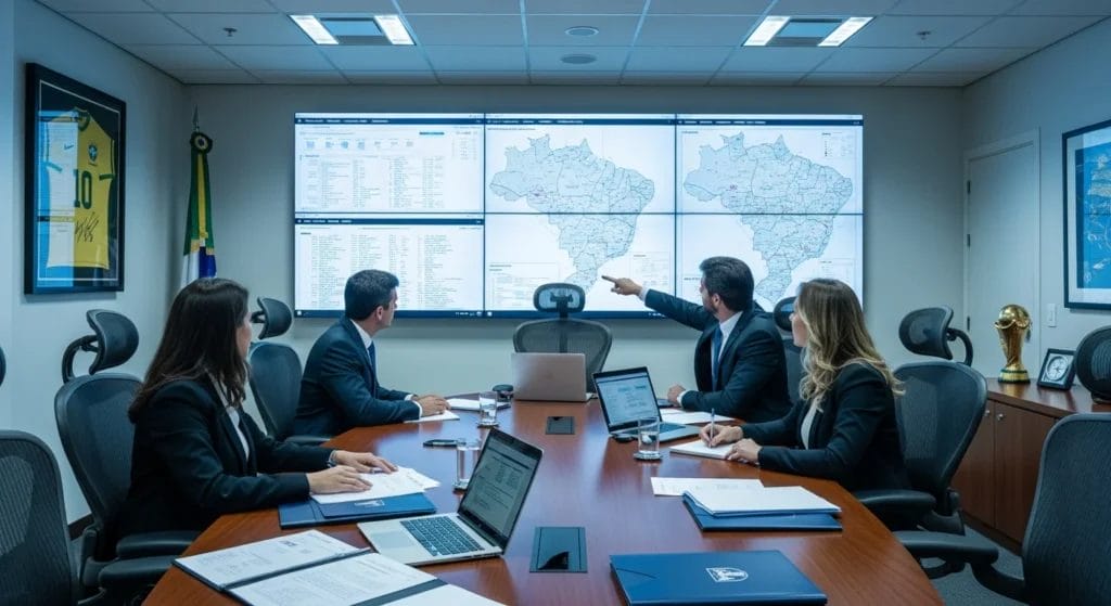 Sala de reunião governamental com equipe analisando gráficos sobre imposto seletivo governo adia, mapas do Brasil ao fundo