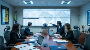 Sala de reunião governamental com equipe analisando gráficos sobre imposto seletivo governo adia, mapas do Brasil ao fundo