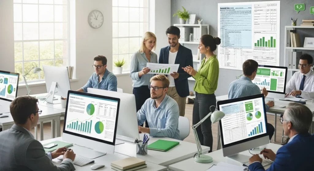 Cena de equipe de trabalhadores em escritório com documentos e computadores, cores neutras e verdes, simbolizando economia e alívio fiscal, relacionado ao INSS Patronal Salário Maternidade.