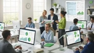 Cena de equipe de trabalhadores em escritório com documentos e computadores, cores neutras e verdes, simbolizando economia e alívio fiscal, relacionado ao INSS Patronal Salário Maternidade.