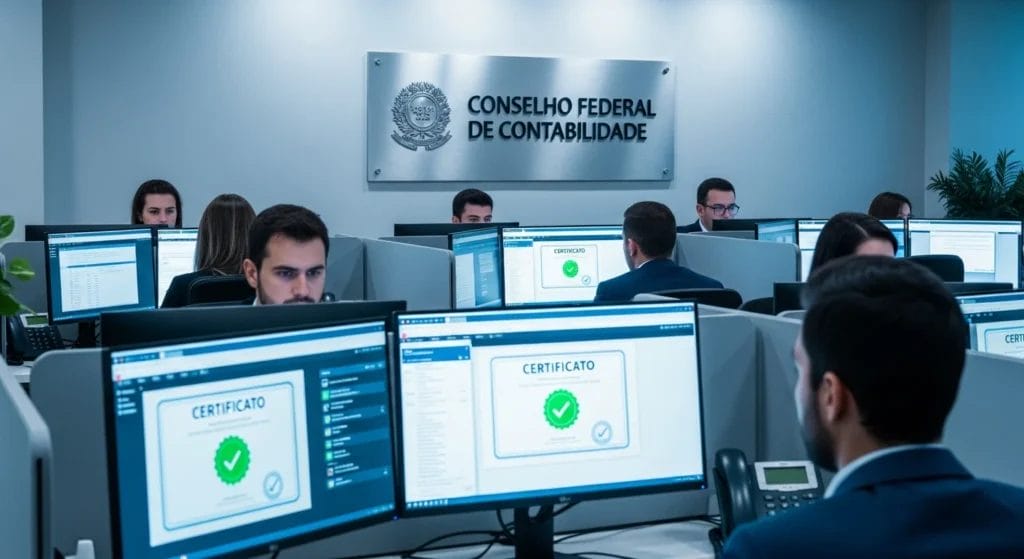 Decore Eletrônica 2026: Tudo o Que Você Precisa Saber Sobre as Novas e Rigorosas Regras do CFC para Comprovação de Rendimentos 1 Cena de escritório de contabilidade com profissionais usando computadores com certificados digitais, destaque para placa do CFC e expressão de concentração, vermelho para decore eletrônica cfc endurece.