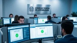 Cena de escritório de contabilidade com profissionais usando computadores com certificados digitais, destaque para placa do CFC e expressão de concentração, vermelho para decore eletrônica cfc endurece.