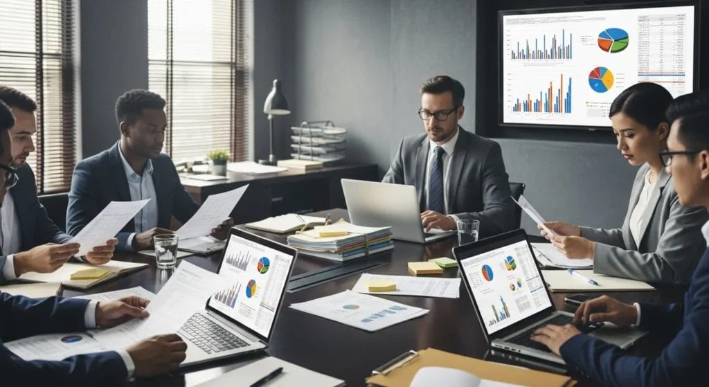 Imagem de escritório corporativo com equipe analisando documentos fiscais relacionados à receita federal aperta cerco