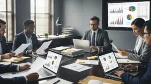 Imagem de escritório corporativo com equipe analisando documentos fiscais relacionados à receita federal aperta cerco