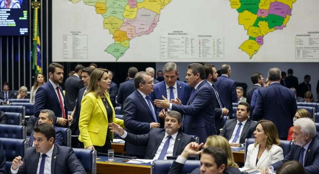 Imagem de assembleia legislativa com representantes estaduais debatendo sobre reforma tributária 2026, mapas do Brasil ao fundo
