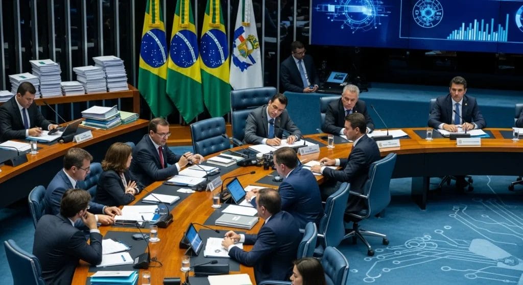 Sessão do Senado discutindo ampliação de benefício tributário para telecomunicações, com foco na mesa de debates e bandeiras brasileiras