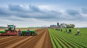 Imagem de campo agrícola com agricultores, tratores e fazenda ao fundo, destacando a relação com rascunho rural