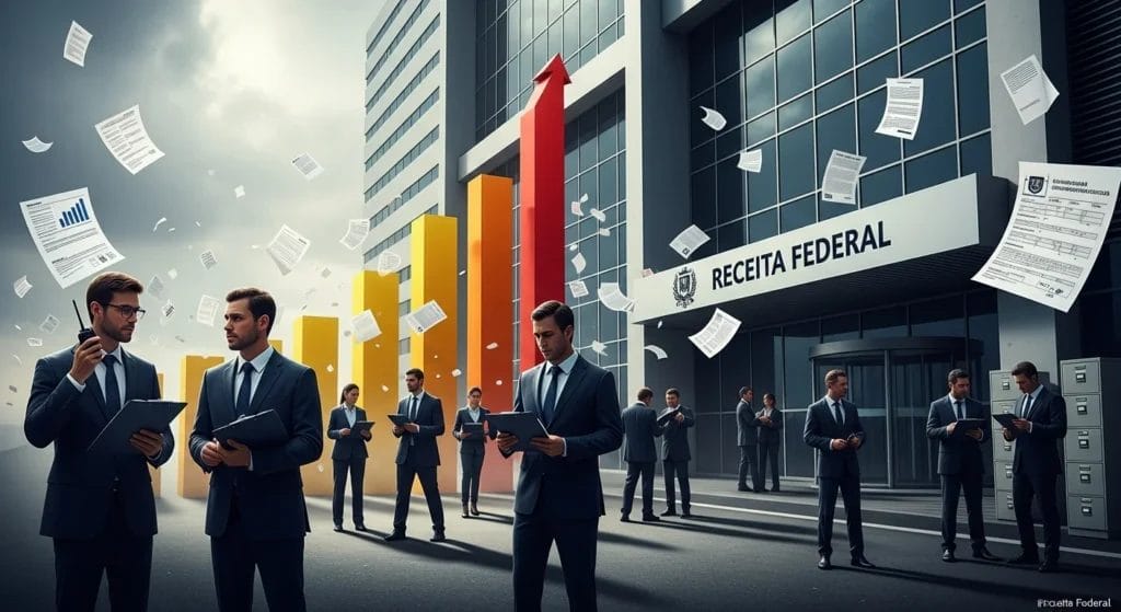 Cena da Receita Federal com fiscais, destacando o alerta fiscal devedor contumaz contra empresas suspeitas