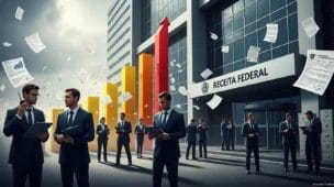 Cena da Receita Federal com fiscais, destacando o alerta fiscal devedor contumaz contra empresas suspeitas