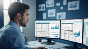 Profissional analisando dados fiscais em telas, destacando resenha tributária como informação estratégica.