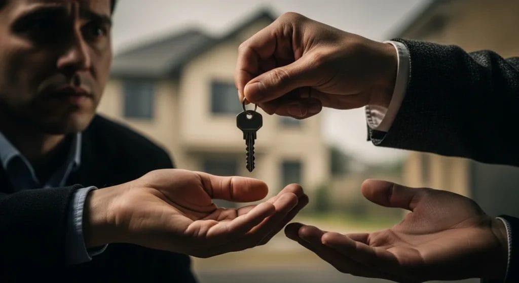 Cena mostrando mão entregando chave de imóvel, destacando riscos na cessão gratuita de imóveis com o IVA Dual
