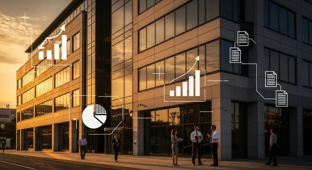 Cena de prédio de escritórios com profissionais conversando na calçada e símbolos de gráficos, refletindo sobre reforma tributária pessoa física.