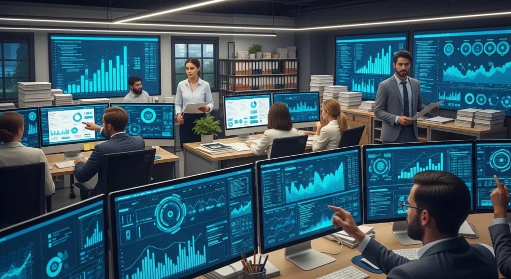 Imagem de escritório de contabilidade com profissionais analisando documentos fiscais eletrônicos, destaque para gráficos e códigos digitais, relacionados à reforma tributária como IBS.