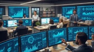 Imagem de escritório de contabilidade com profissionais analisando documentos fiscais eletrônicos, destaque para gráficos e códigos digitais, relacionados à reforma tributária como IBS.