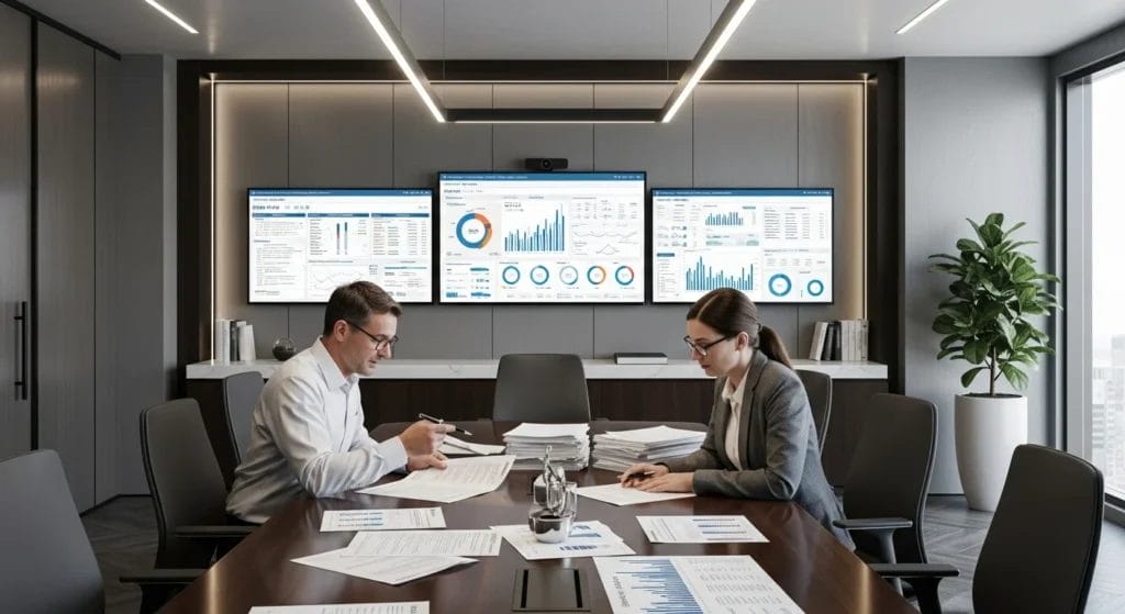 Imagem de sala de reuniões moderna com pessoas analisando documentos fiscais e gráficos de fluxo de caixa, destaque para telas com dados de reforma tributária crédito IBS.