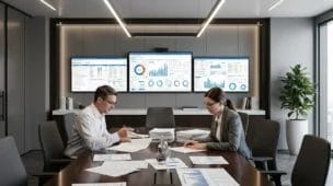 Imagem de sala de reuniões moderna com pessoas analisando documentos fiscais e gráficos de fluxo de caixa, destaque para telas com dados de reforma tributária crédito IBS.