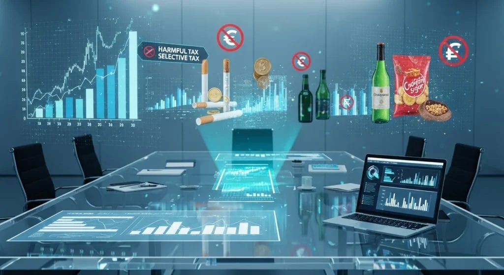 Imagem realista em 3D de uma reunião futurista sobre imposto seletivo ministra stj, com gráficos, moedas e documentos