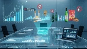 Imagem realista em 3D de uma reunião futurista sobre imposto seletivo ministra stj, com gráficos, moedas e documentos