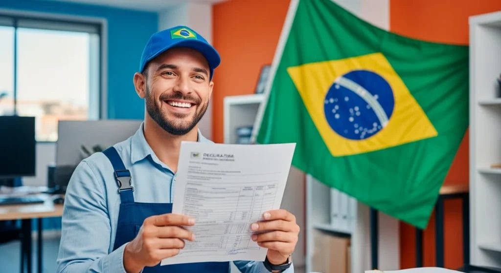 Imagem de trabalhador sorridente segurando documento de imposto renda com fundo de escritório e bandeira do Brasil, promovendo entender a nova