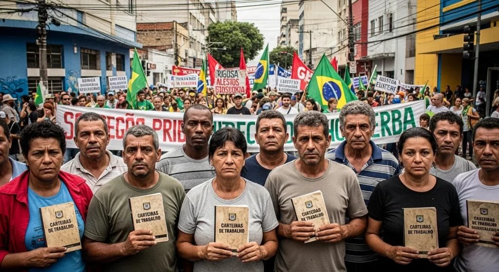Cena de rua urbana brasileira com trabalhadores, manifestação e diversidade social, destacando a isenção de IR até R$5 mil.