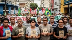 Cena de rua urbana brasileira com trabalhadores, manifestação e diversidade social, destacando a isenção de IR até R$5 mil.