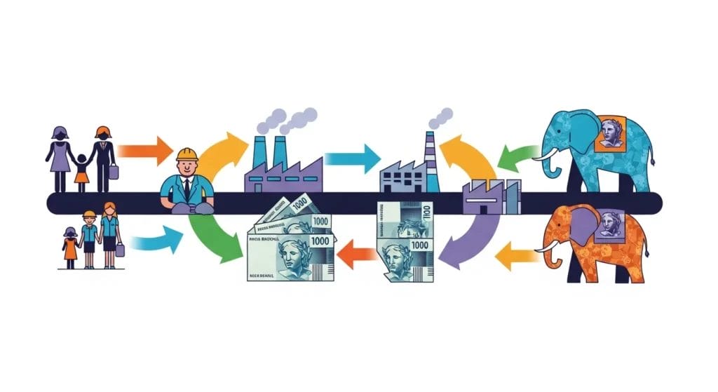 Entenda o Ciclo Econômico: Famílias, Empresas e o Papel Crucial do Estado na Economia Brasileira 1 Ilustração moderna representando o ciclo econômico famílias, trabalhadores, fábricas, dinheiro e elefantes financeiros no Brasil
