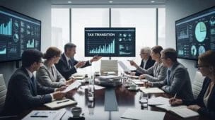 Grupo de empresários e representantes do governo discutindo transição flexível 2026 governo em sala moderna