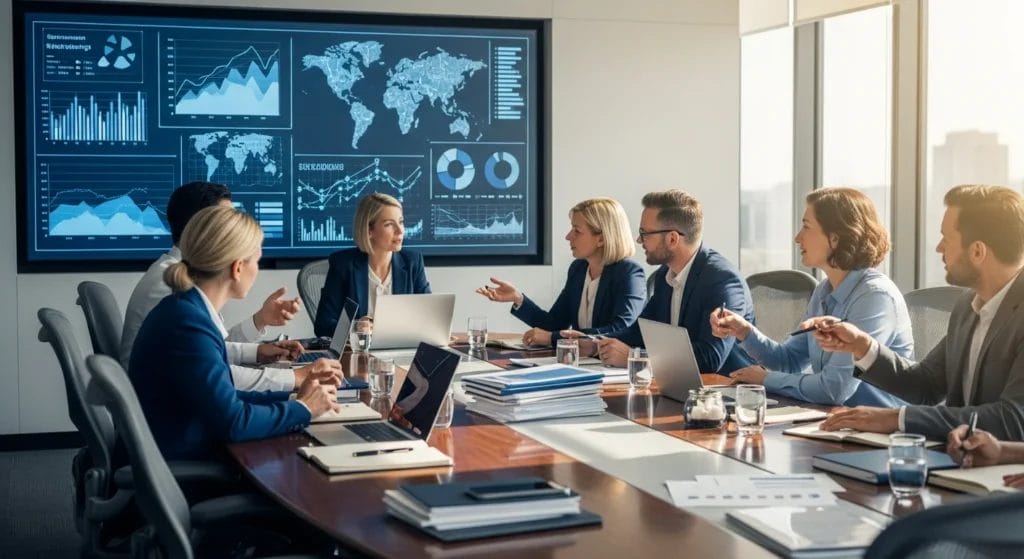 Imagem de reunião com profissionais de Relações Governamentais discutindo reforma tributária IA que, gráficos ao fundo