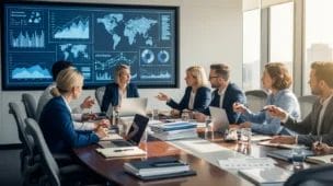 Imagem de reunião com profissionais de Relações Governamentais discutindo reforma tributária IA que, gráficos ao fundo