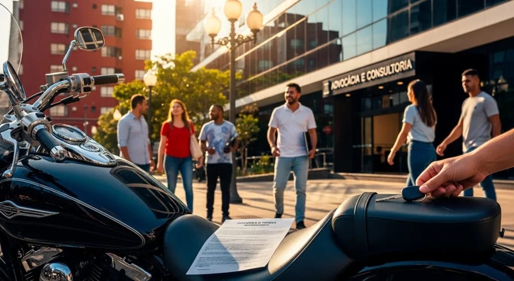 Cena urbana com motocicleta, mãos segurando chave e documento, destacando decisão histórica tj sp sobre propriedade de moto
