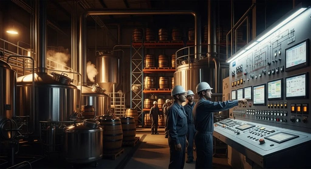 Imagem da indústria cervejeira está 8220 com operários, painel de controle e cenário industrial quente