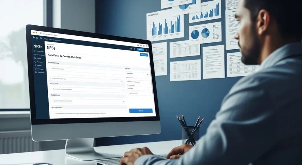 Profissional usando computador em escritório com tela do guia completo como emitir NFSe, gráficos ao fundo, cores azul e cinza