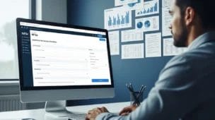 Profissional usando computador em escritório com tela do guia completo como emitir NFSe, gráficos ao fundo, cores azul e cinza