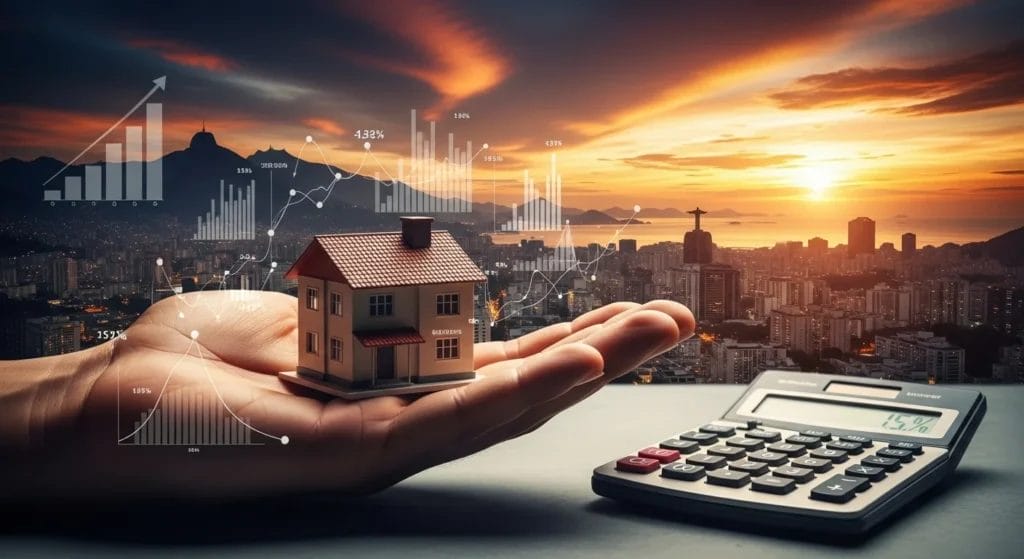 Imagem de uma casa em escala na mão com cidade ao entardecer, gráficos e calculadora, representando reforma tributária aluguel imóveis.
