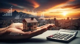 Imagem de uma casa em escala na mão com cidade ao entardecer, gráficos e calculadora, representando reforma tributária aluguel imóveis.