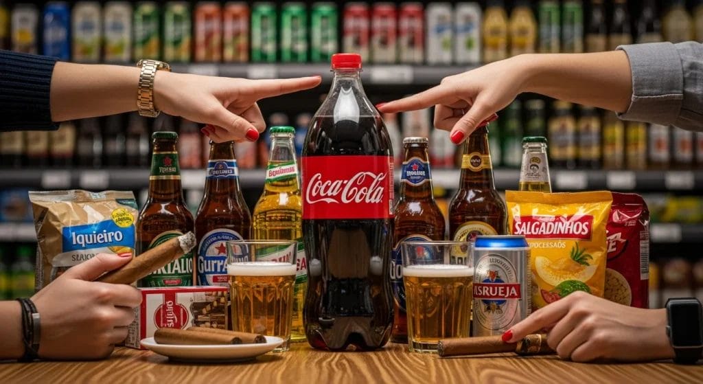 Imagem horizontal de 1536x1024 mostrando produtos nocivos na mesa de supermercado brasileiro