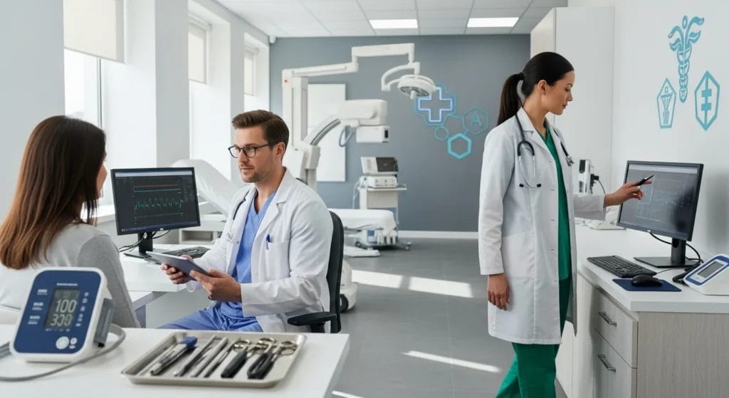 Cena de clínica médica moderna com profissionais de saúde, equipamentos e ambiente organizado, destacando Reforma Tributária