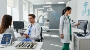 Cena de clínica médica moderna com profissionais de saúde, equipamentos e ambiente organizado, destacando Reforma Tributária