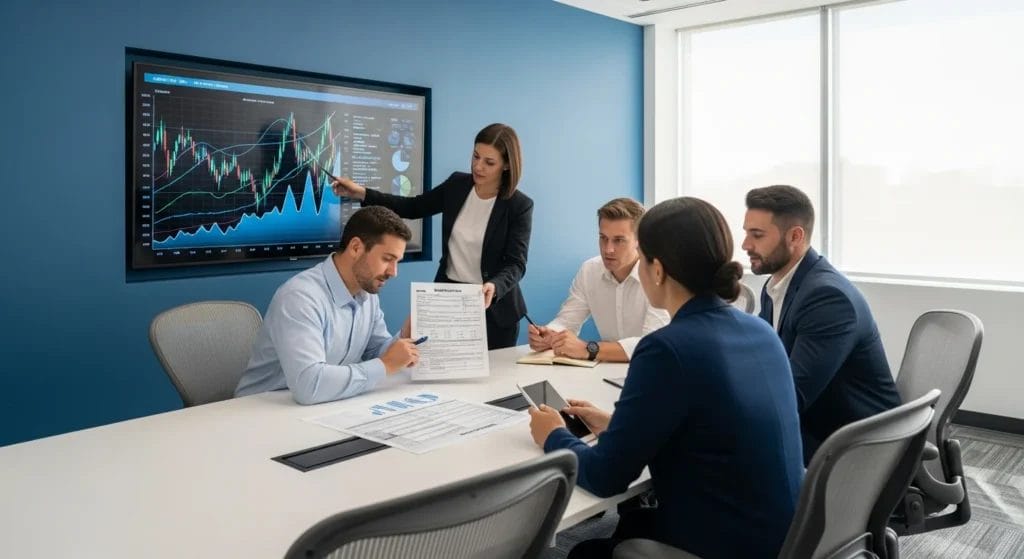 Reunião de empresários e contador discutindo reforma tributária simples nacional em escritório moderno