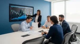 Reunião de empresários e contador discutindo reforma tributária simples nacional em escritório moderno