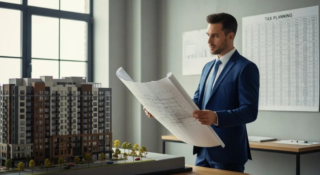 Profissional imobiliário com redutor ajuste estratégia chave, estudando planta e tabela de impostos na construtora