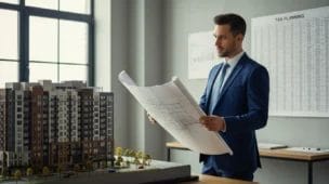 Profissional imobiliário com redutor ajuste estratégia chave, estudando planta e tabela de impostos na construtora